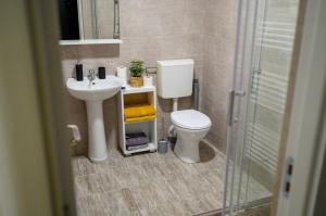 Un baño con inodoro, lavabo y ducha. en La Luna Imobiliare, en Ocna-Mureşului