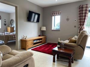 un soggiorno con 2 divani e una TV di The Paddocks - Spacious annexe with rural outlook. a Wareham