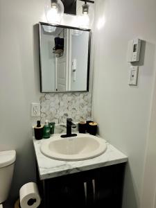 a bathroom with a sink and a mirror at Palm Suite St Johns - Luxury One Bedroom Apartment in St. John's