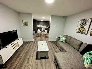 a living room with a couch and a tv at Palm Suite St Johns - Luxury One Bedroom Apartment in St. John's