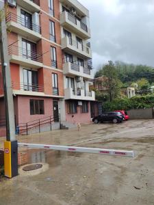 ein überschwemmter Parkplatz vor einem Gebäude in der Unterkunft Rustaveli 7 in Kutaissi