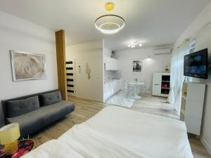 a bedroom with a bed and a couch and a kitchen at Apartment Barrier-Free in Kraków