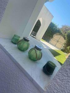 un gruppo di vasi verdi seduti su un portico di Villa de maitre magnifique, spacieuse avec jardin a La Marsa