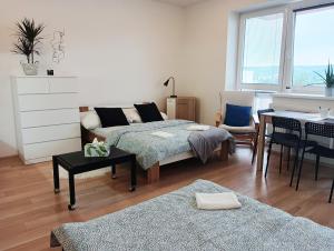 un soggiorno con un letto e un tavolo di Apartman Bystrc a Brno