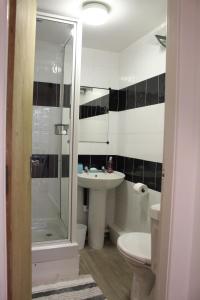 een badkamer met een douche, een wastafel en een toilet bij Flat 1, Westhill in Leeds