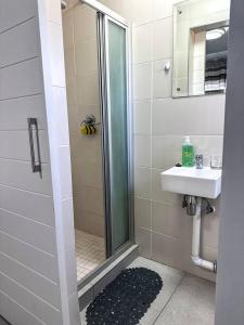 a bathroom with a shower and a sink at The Abode in Gaborone