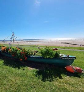 a boat with flowers in it on the grass near the beach at Spacious Homey Gem Minutes to the Beach w/Garden in Seascale