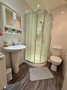 a bathroom with a shower and a toilet and a sink at Spacious Homey Gem Minutes to the Beach w/Garden in Seascale