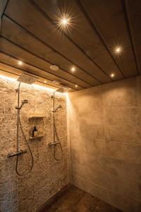 La salle de bains est pourvue d'une douche éclairée au plafond. dans l'établissement Villa Pöylikki, à Rovaniemi