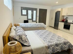 1 dormitorio con 2 camas y cocina en Studio Doulapas, en Chrani