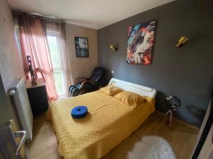 1 dormitorio con 1 cama con colcha amarilla en Agréables chambres dans maison suspendue, en Saint-Étienne