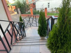 eine Treppe mit Topfpflanzen und einem Geländer in der Unterkunft Готель «У Батька» in Truskawez