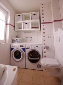 a bathroom with a washing machine and a toilet at Ataraxia in Insel Poel