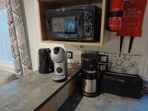 加斯泰Mobil-home Camping Siblu La Reserve ****的厨房柜台配有咖啡机和微波炉
