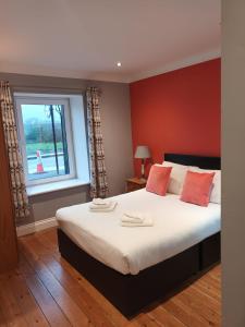 Schlafzimmer mit einem Bett mit roten Wänden und einem Fenster in der Unterkunft Annascaul House in Anascaul