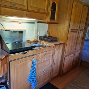 una pequeña cocina con armarios de madera y fregadero en Vrijheid caravan, en Wallenborn