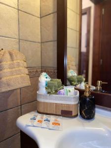 een wastafel in de badkamer met een mand zeep en een spiegel bij Delfi's cozy maisonette in Delfoi