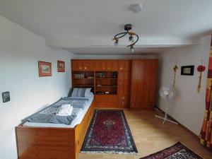 1 dormitorio con cama y alfombra en Apartment O1 - Gut ausgestattete 3-Zimmer Wohnung 78qm für 1-3 Personen 1xDZ 1xEZ, en Grafenwöhr