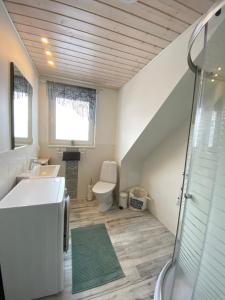 e bagno con servizi igienici, lavandino e doccia. di Penthouse in Kohila a Kohila