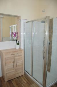 a bathroom with a shower and a vanity with a mirror at B&B dei Gemelli in Bareggio