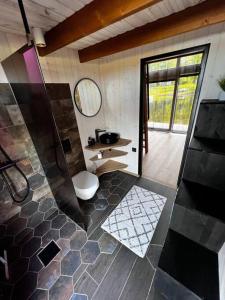 a bathroom with a toilet and a sink and a mirror at Feel the breeze - cozy luxury in Elva