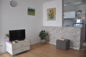 a living room with a flat screen tv on a cabinet at Apartman Mirna in Rovinj