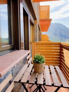 un banco de madera sentado en un balcón con una planta en Apartament dúplex amb vistes al Pirineu català, en Coll de Nargó