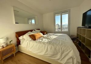 een slaapkamer met een bed met een spiegel en een televisie bij Appart T3 Endoume balcon échappée mer in Marseille