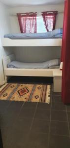 two bunk beds in a room with a rug at New apartment near the sea in Krokelvdalen