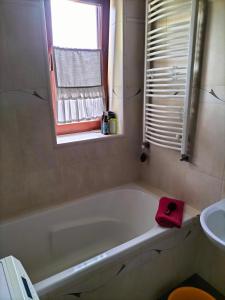 baño con bañera, lavabo y ventana en Garden Apartment, en Oborniki Śląskie