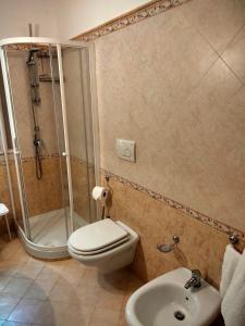 a bathroom with a shower and a toilet and a sink at La Castellina 23 in Sulmona