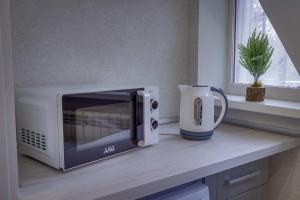 a microwave sitting on a counter next to a toaster at Asaapart Mega Studio 3 in Almaty
