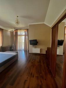 a bedroom with a bed and a flat screen tv at Borovik in Novosilki
