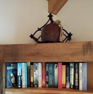 un estante de libros con libros y una araña en él en Classy Alpine Hideaway in the Portes du Soleil, en Montriond