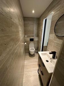 un baño con inodoro y lavabo en Studio charmant et confortable, en Beausoleil