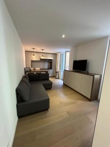 Una sala de estar con un sofá y un televisor de pantalla plana. en Studio charmant et confortable, en Beausoleil