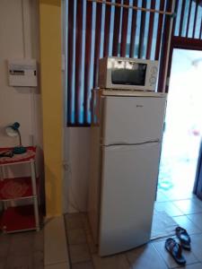 um micro-ondas em cima de um frigorífico numa cozinha em Studio proche aéroport 2perswifi em Matoury