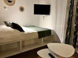 - une chambre avec un lit et une télévision murale dans l'établissement Ho Toulouse Joli Studio rénové, à Toulouse