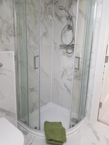 a shower with a glass door in a bathroom at Luxury Holiday Home in St. Leonards