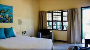 ein Schlafzimmer mit einem Bett, einem Stuhl und einem Fenster in der Unterkunft Talk of the Town Inn & Suites - St Eustatius in Oranjestad