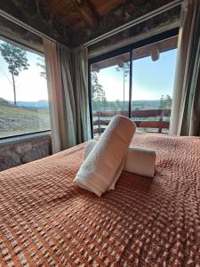 a bed with a pillow on it with a window at Ayllupelli in Villa Berna +58 photos