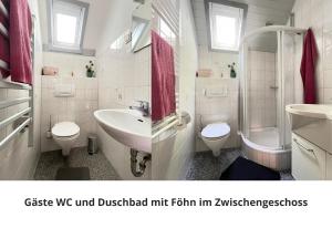 ein Bad mit einem Waschbecken, einem WC und einer Dusche in der Unterkunft Mein-Seepark, Ferienhaus Heike in Kirchheim