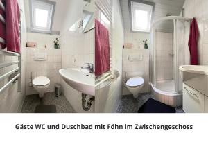 a bathroom with a sink and a toilet and a shower at Mein-Seepark, Ferienhaus Heike in Kirchheim +16 photos