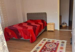 1 dormitorio con 1 cama con manta roja y 2 alfombras en Şencan House, 