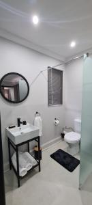 ein Badezimmer mit einem Waschbecken, einem WC und einem Spiegel in der Unterkunft Uitsig Boutique Hotel in Welkom