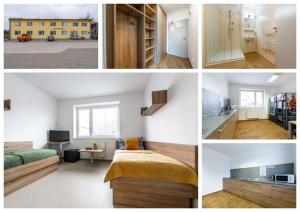 a collage of photos of a bedroom and a living room at Ubytovňa Železničná in Stupava