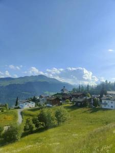 a small town in a green field with a road at Casa LeYu mitten in Ruschein in Ruschein