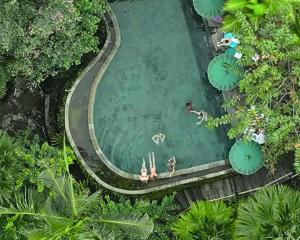 an overhead view of a pool with people in the water at Menzel Ubud in Ubud