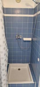 a blue tiled bathroom with a shower with a drain at la crique in Collioure
