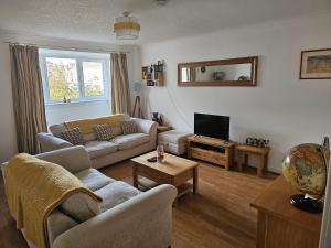a living room with a couch and a tv at Snug - Colquhoun Square Apartment in Helensburgh